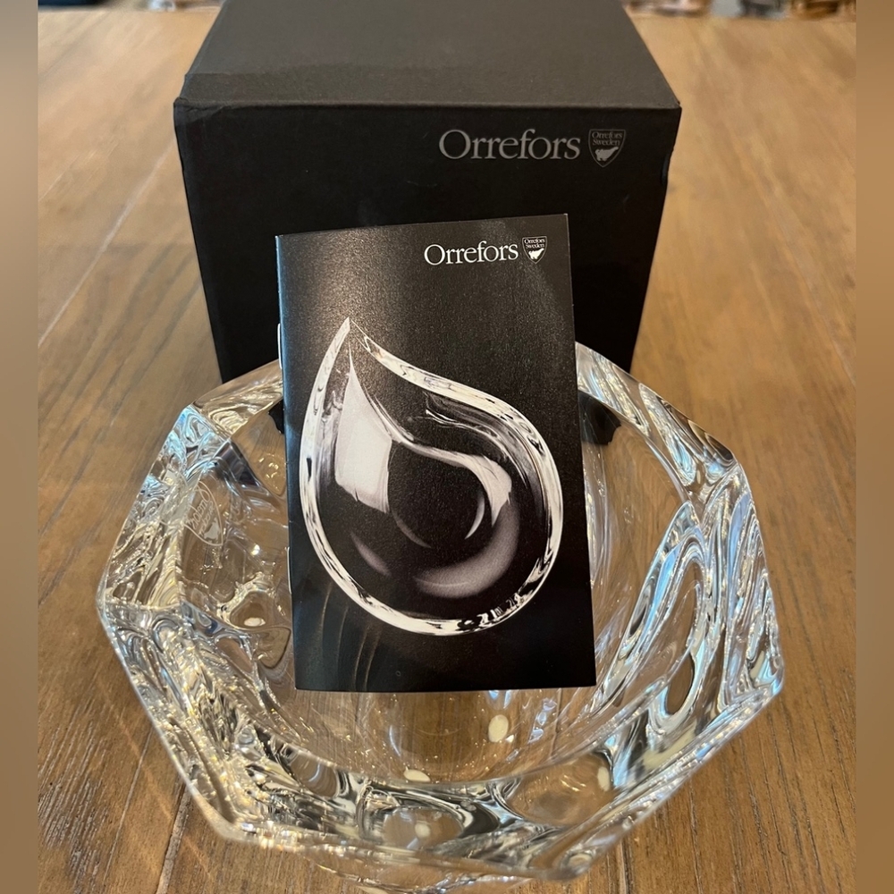 Vintage Orrefors Olle Iberius Design Crystal Swirl Octagon Bowl Signed  NIB - Picture 10 of 12